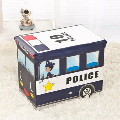 Foldable cartoon storage box stool in navy blue police car design, dimensions 40x25x31cm