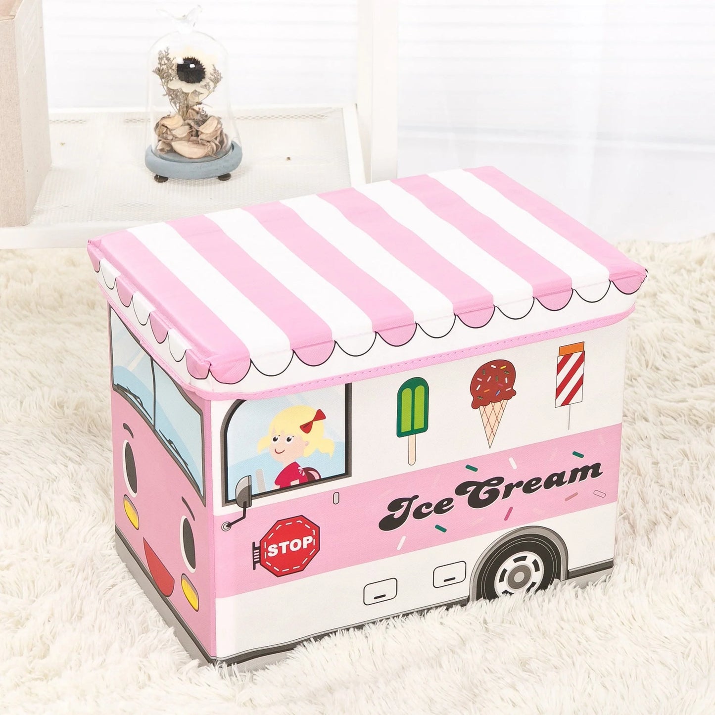 Foldable cartoon storage box stool in navy blue police car design, dimensions 40x25x31cm