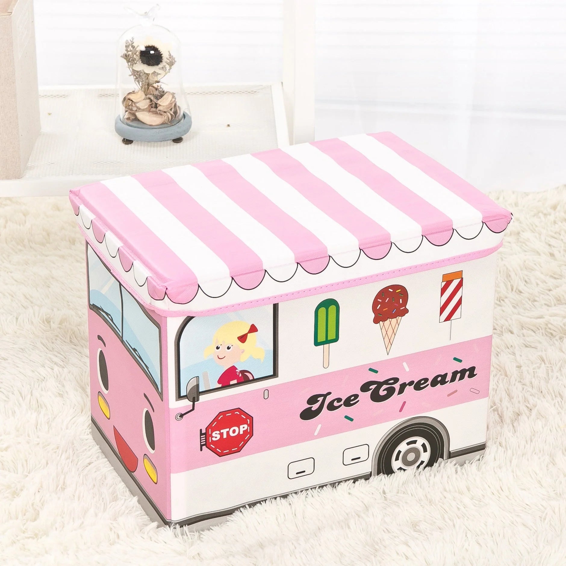 Foldable cartoon storage box stool in navy blue police car design, dimensions 40x25x31cm