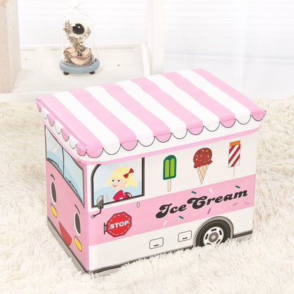 Foldable cartoon storage box stool in navy blue police car design, dimensions 40x25x31cm