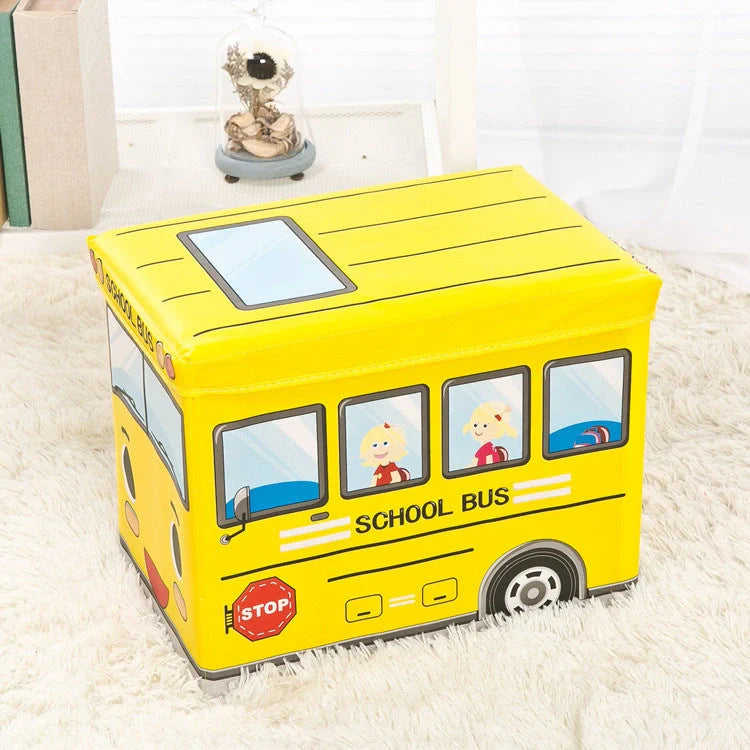 Foldable cartoon storage box stool in navy blue police car design, dimensions 40x25x31cm