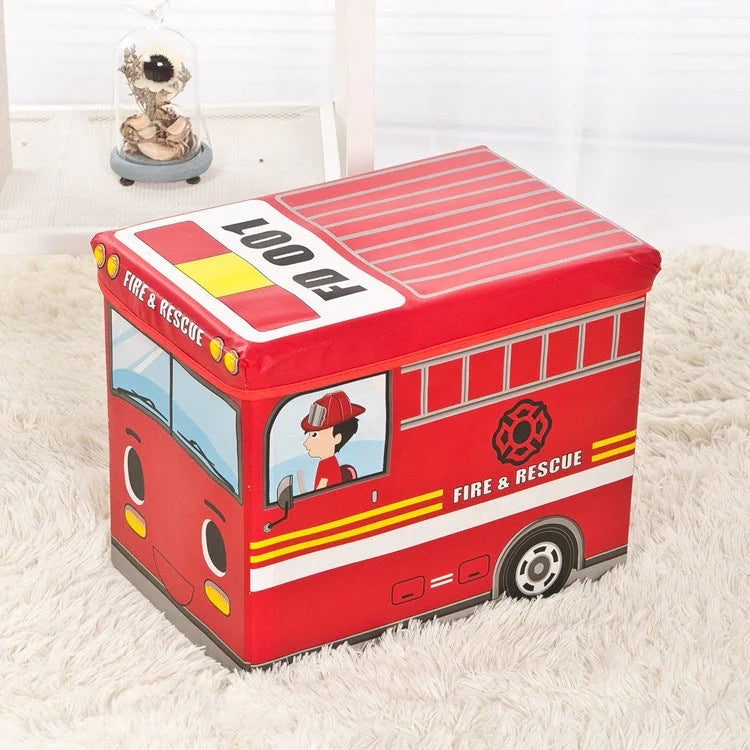 Foldable cartoon storage box stool in navy blue police car design, dimensions 40x25x31cm