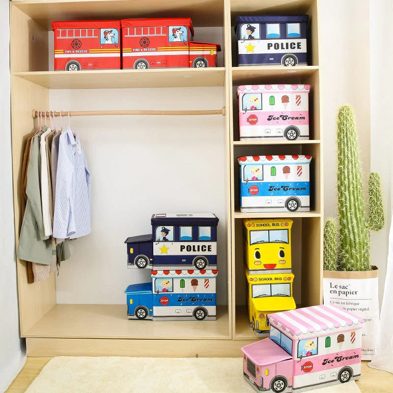 Foldable cartoon storage box stool in navy blue police car design, dimensions 40x25x31cm