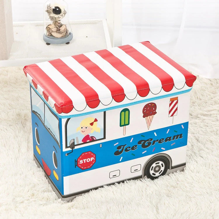 Foldable cartoon storage box stool in navy blue police car design, dimensions 40x25x31cm