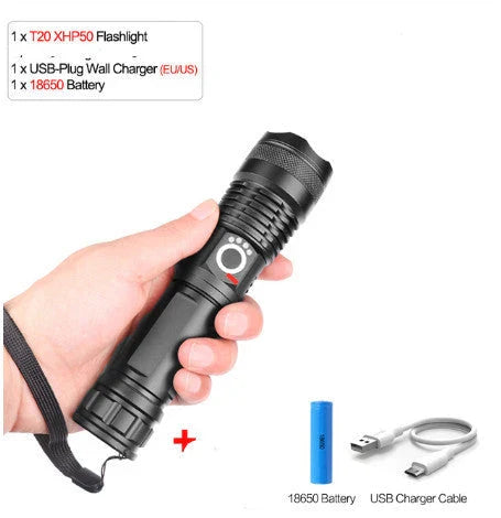 A durable, waterproof USB rechargeable flashlight with adjustable zoom and powerful LED light.