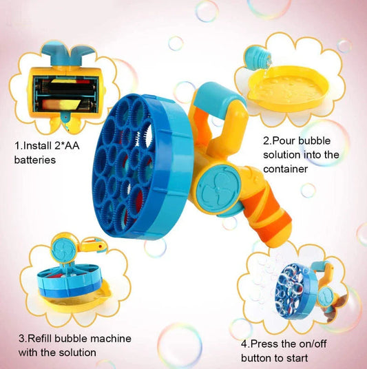 Automatic electric bubble machine with powerful motor, low-noise operation, and safe ABS construction for creating a mesmerising bubble display at parties and events.