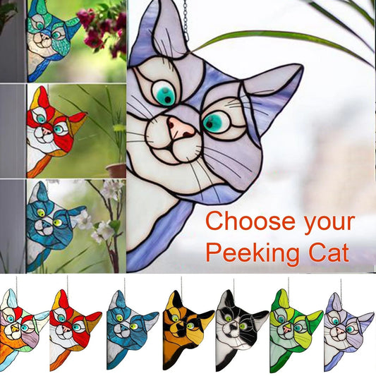 Colourful stained glass cat window hanger decoration, reusable PVC sticker