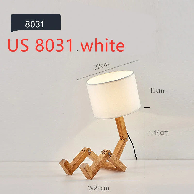 Robot-shaped LED table lamp with wooden base and linen shade for modern Nordic decor