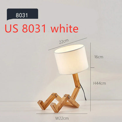 Robot-shaped LED table lamp with wooden base and linen shade for modern Nordic decor