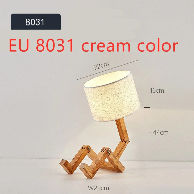 Robot-shaped LED table lamp with wooden base and linen shade for modern Nordic decor