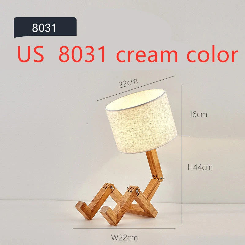 Robot-shaped LED table lamp with wooden base and linen shade for modern Nordic decor