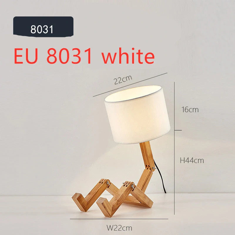 Robot-shaped LED table lamp with wooden base and linen shade for modern Nordic decor