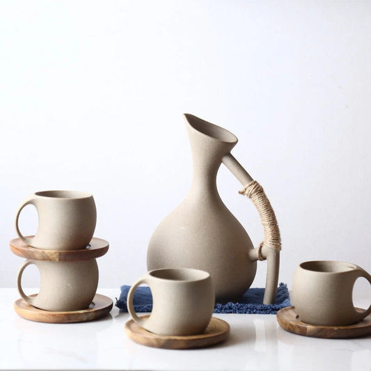 Premium ceramic cold brew teapot set with elegant floral design, including teapot, lid, and bamboo tray