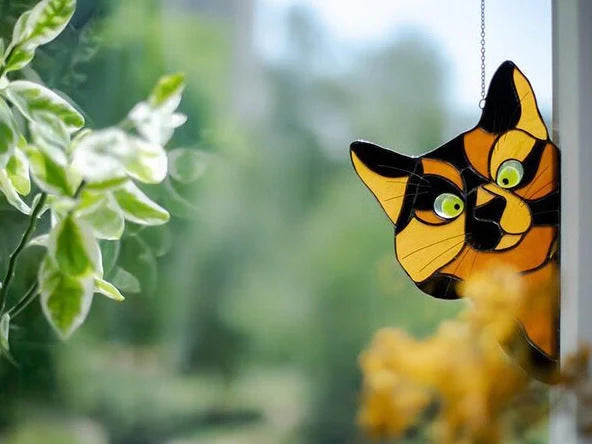 Colourful stained glass cat window hanger decoration, reusable PVC sticker