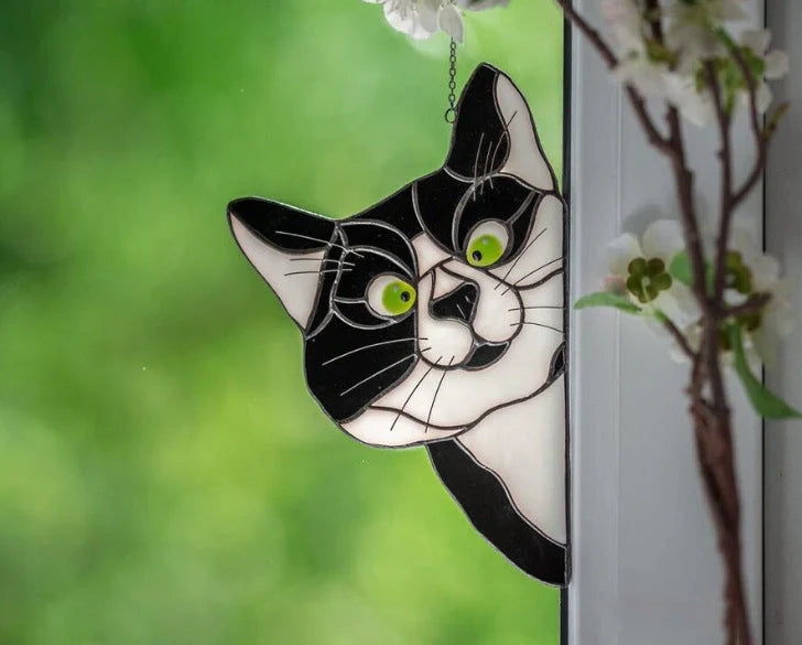Colourful stained glass cat window hanger decoration, reusable PVC sticker