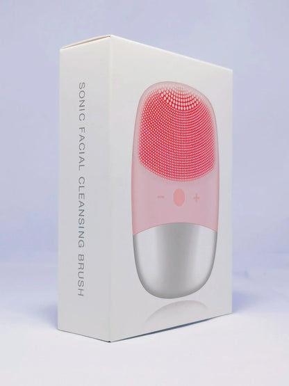 Mini sonic silicone electric facial cleansing brush in pink with USB charging