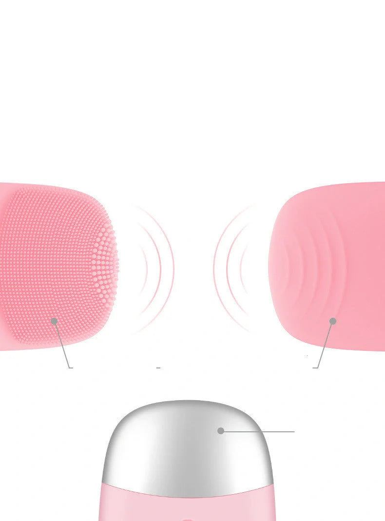 Mini sonic silicone electric facial cleansing brush in pink with USB charging