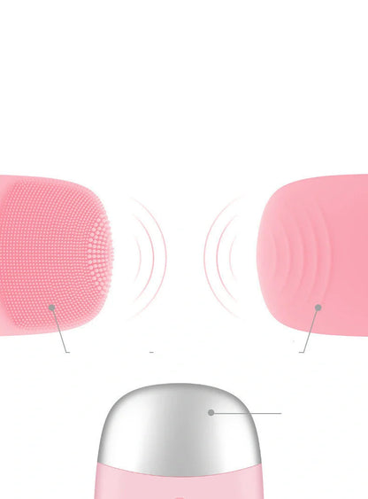 Mini sonic silicone electric facial cleansing brush in pink with USB charging