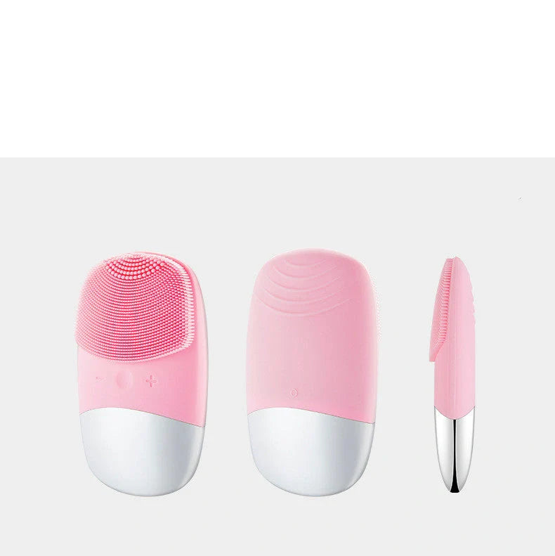 Mini sonic silicone electric facial cleansing brush in pink with USB charging