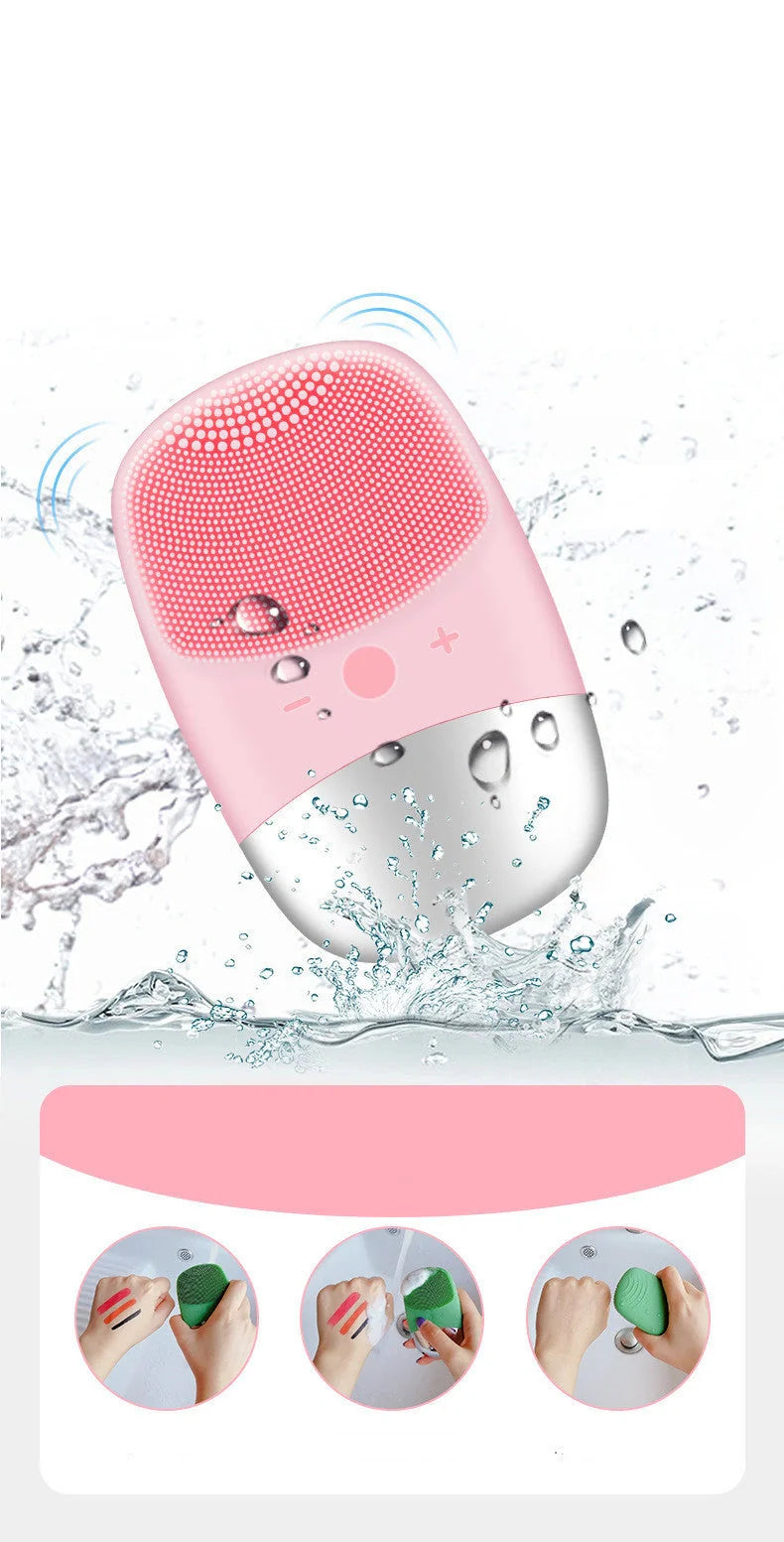 Mini sonic silicone electric facial cleansing brush in pink with USB charging