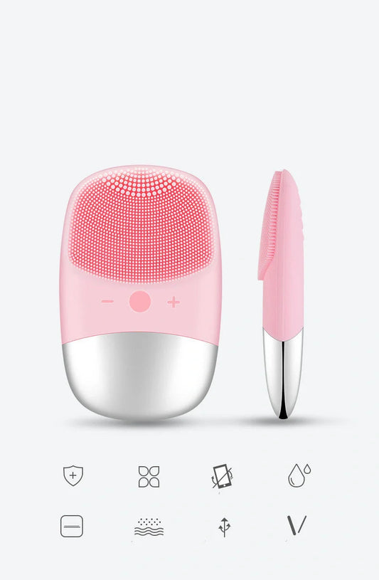 Mini sonic silicone electric facial cleansing brush in pink with USB charging