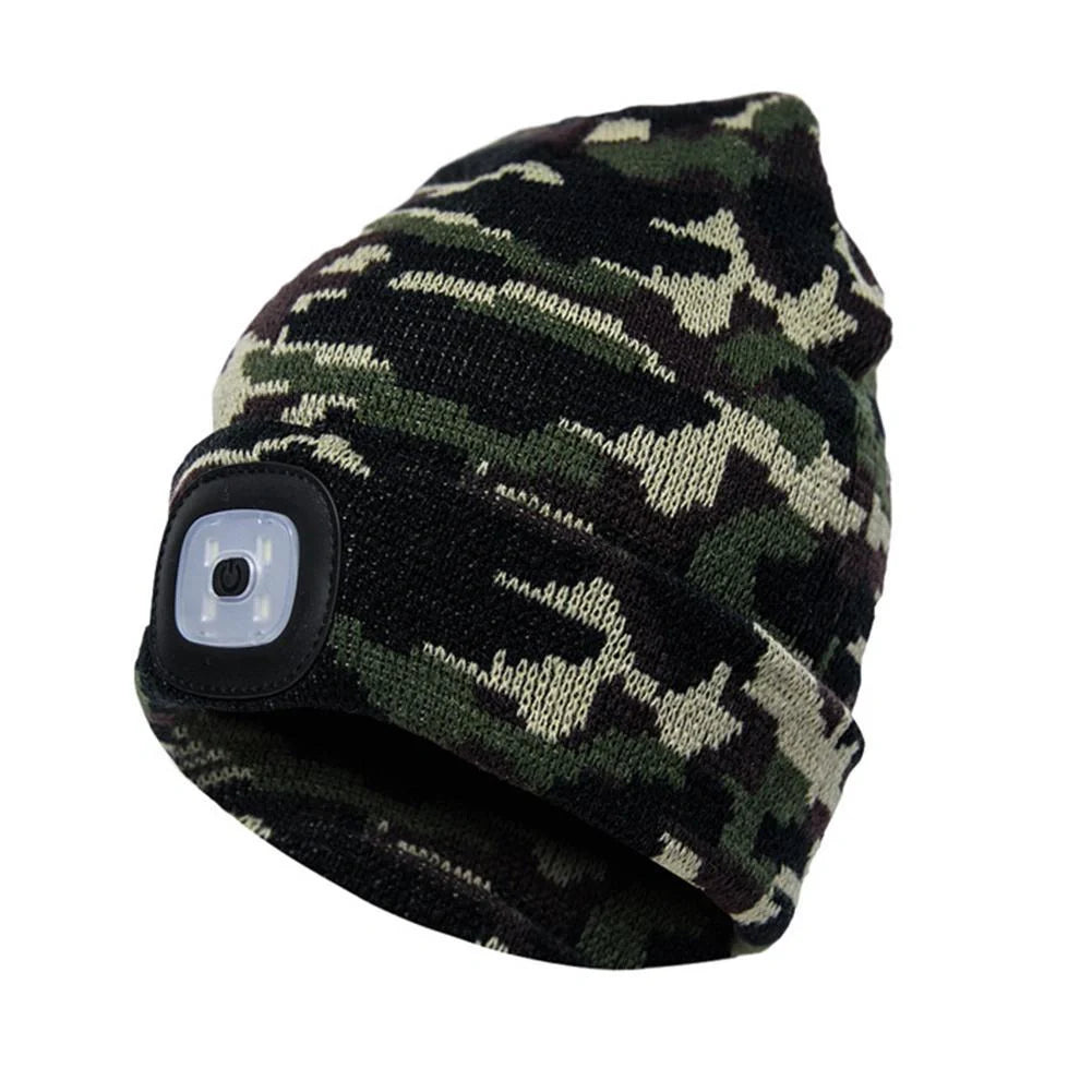 LED Knit Hat with built-in light for night visibility, made from 100% wool