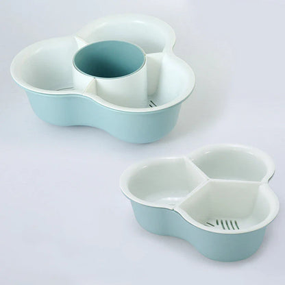 Versatile multi-compartment food organiser basket in various colours and sizes, featuring sturdy construction, detachable design, and Nordic-inspired style for efficient kitchen organisation.