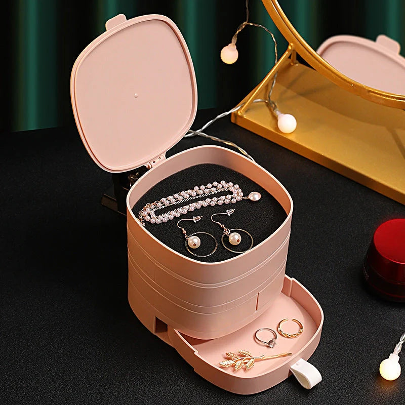 Rotating multi-layer jewelry storage box in green, white, and pink