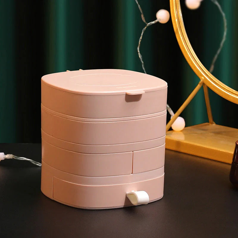 Rotating multi-layer jewelry storage box in green, white, and pink