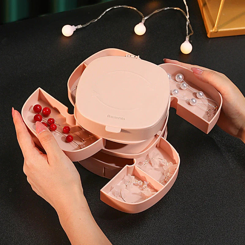 Rotating multi-layer jewelry storage box in green, white, and pink