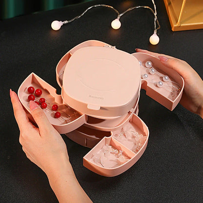 Rotating multi-layer jewelry storage box in green, white, and pink