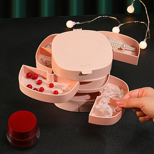 Rotating multi-layer jewelry storage box in green, white, and pink