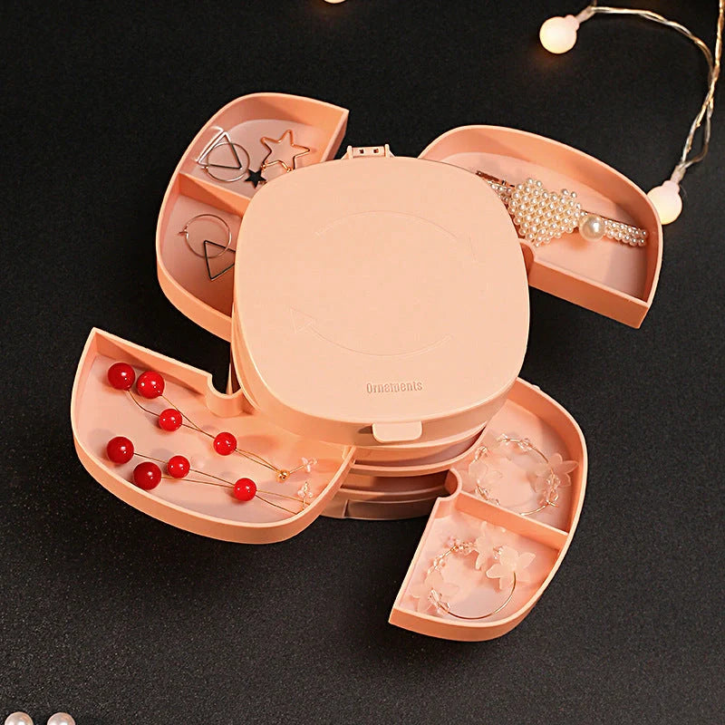 Rotating multi-layer jewelry storage box in green, white, and pink