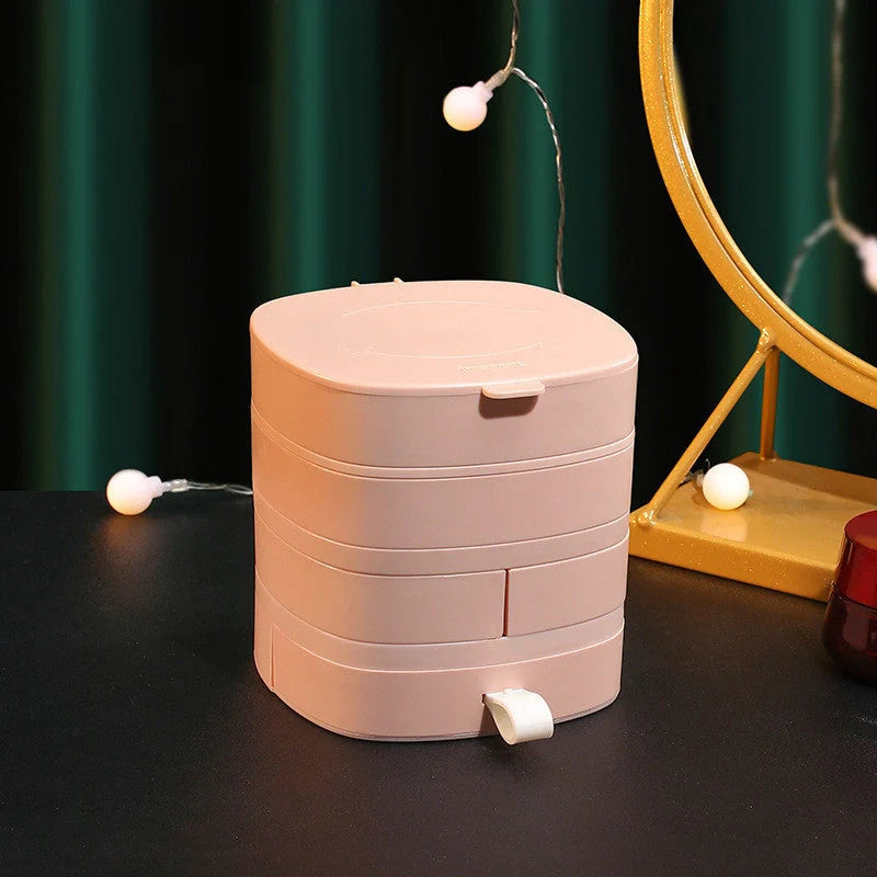 Rotating multi-layer jewelry storage box in green, white, and pink