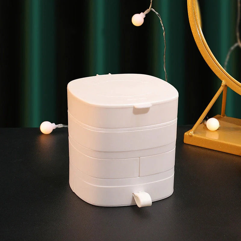 Rotating multi-layer jewelry storage box in green, white, and pink