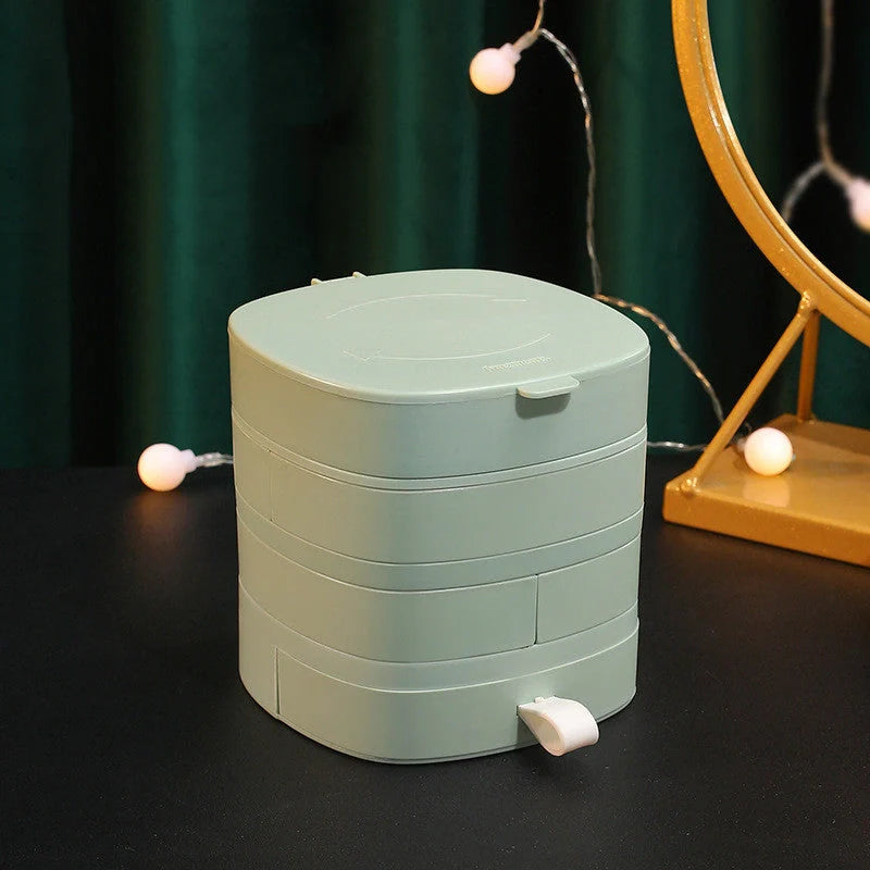 Rotating multi-layer jewelry storage box in green, white, and pink