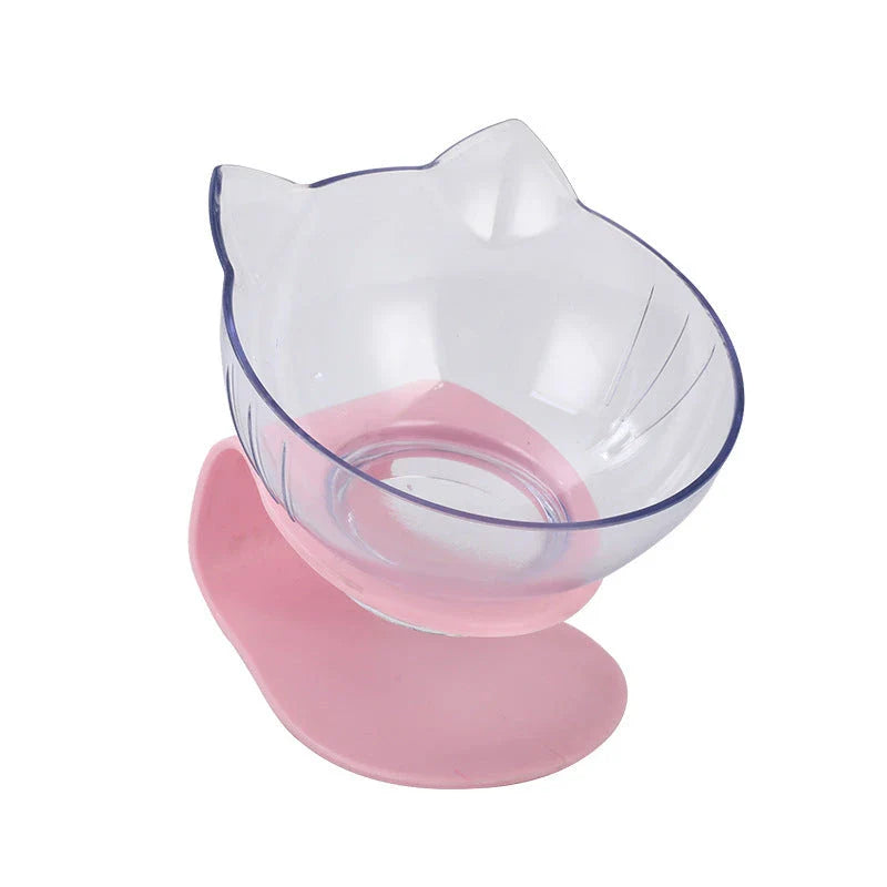 Inclined transparent cat food bowl with a gently sloped base and ergonomic design for whisker-friendly dining
