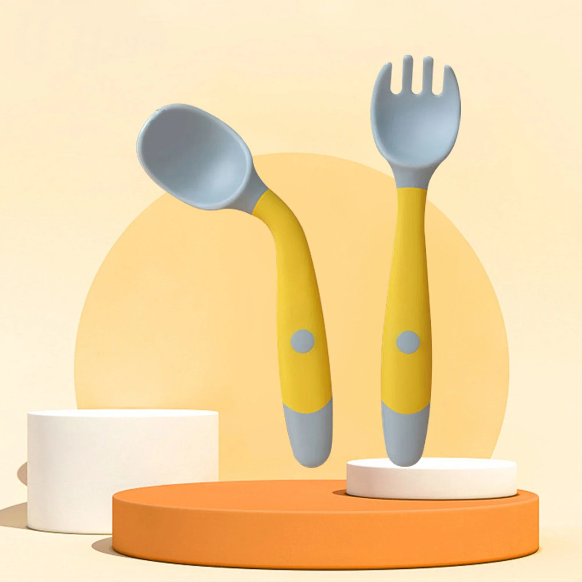 Flexible Silicone Baby Spoon and Fork Set in Green, Pink, and Yellow colours