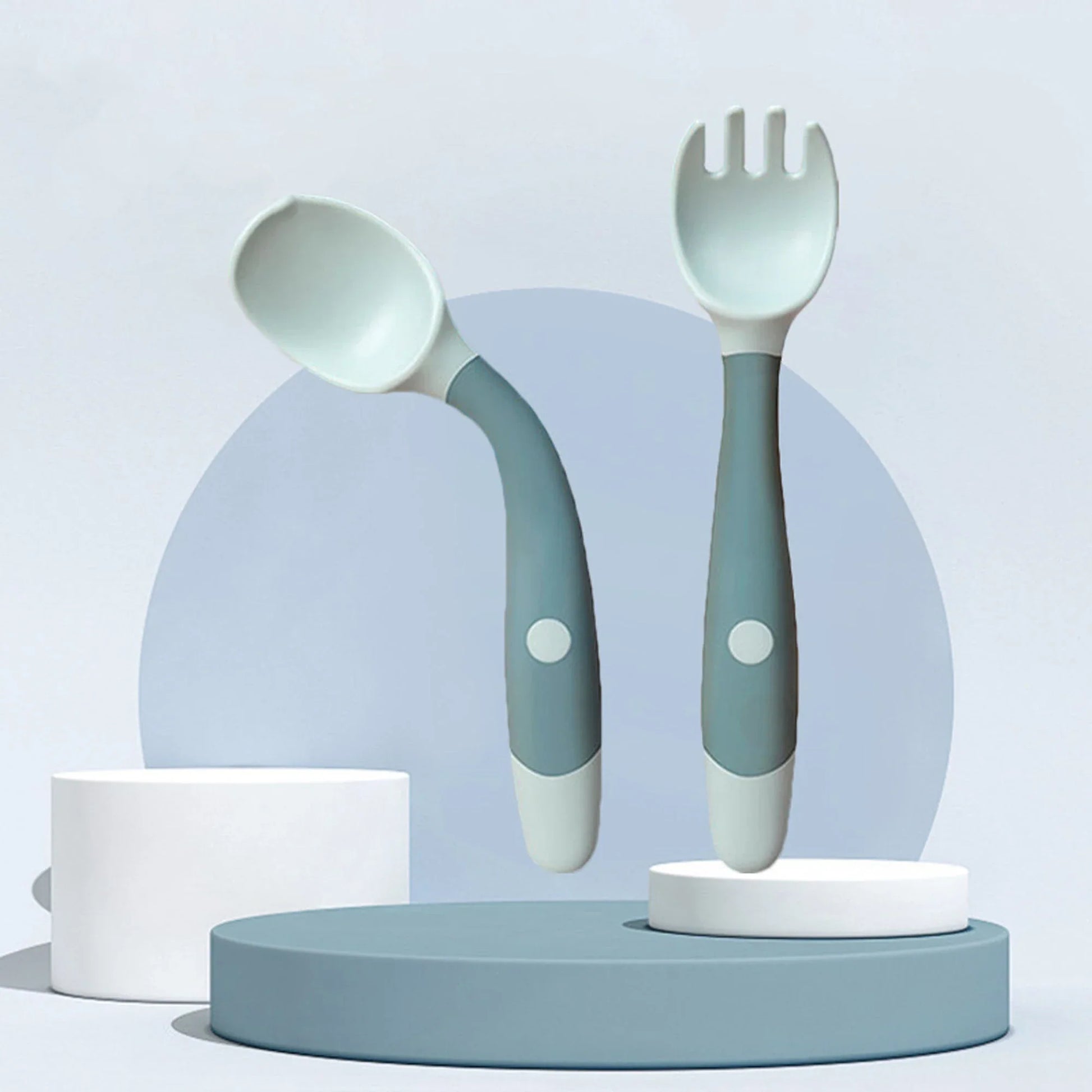 Flexible Silicone Baby Spoon and Fork Set in Green, Pink, and Yellow colours