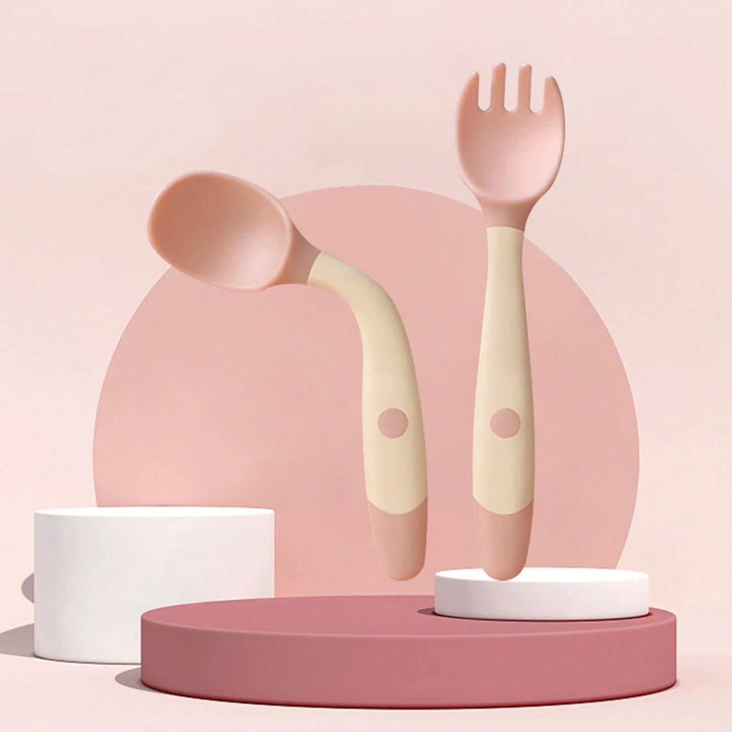 Flexible Silicone Baby Spoon and Fork Set in Green, Pink, and Yellow colours