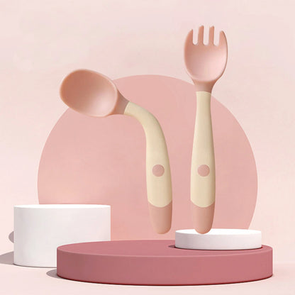 Flexible Silicone Baby Spoon and Fork Set in Green, Pink, and Yellow colours