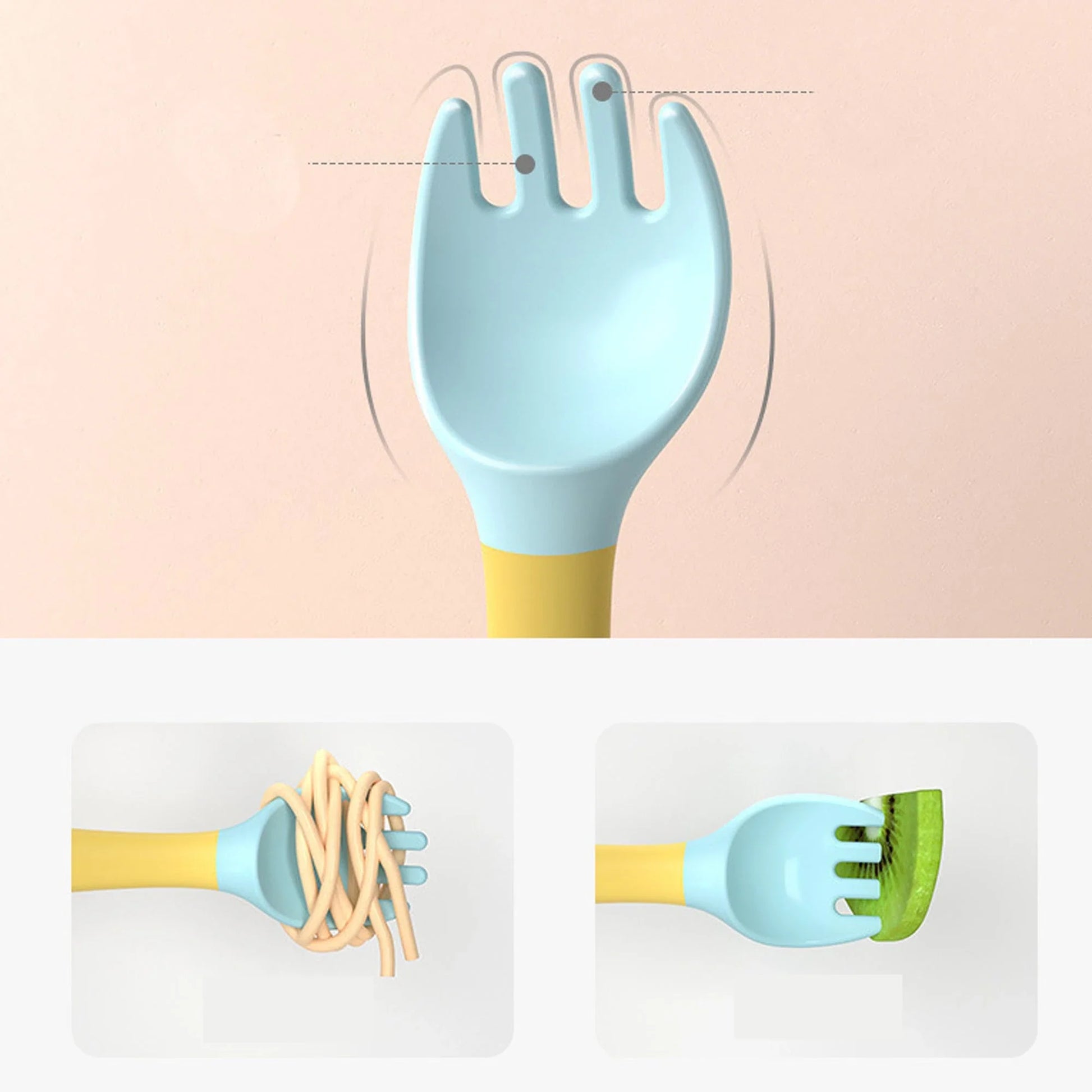 Flexible Silicone Baby Spoon and Fork Set in Green, Pink, and Yellow colours
