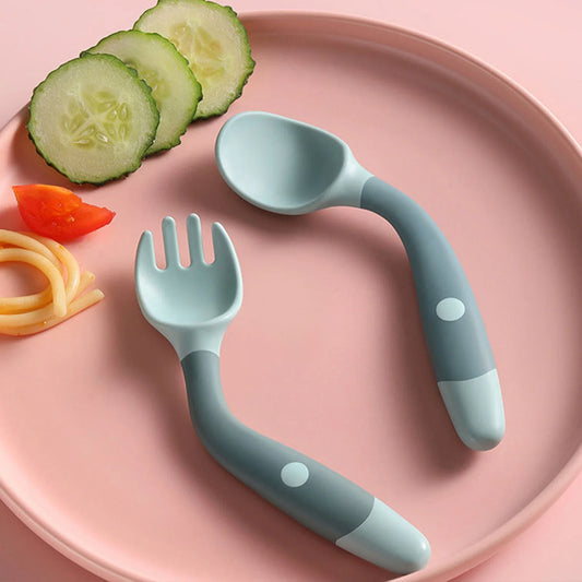 Flexible Silicone Baby Spoon and Fork Set in Green, Pink, and Yellow colours