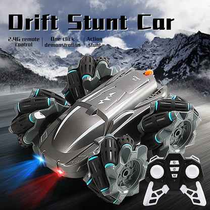 Wireless remote control stunt car performing 360° rotation on a table