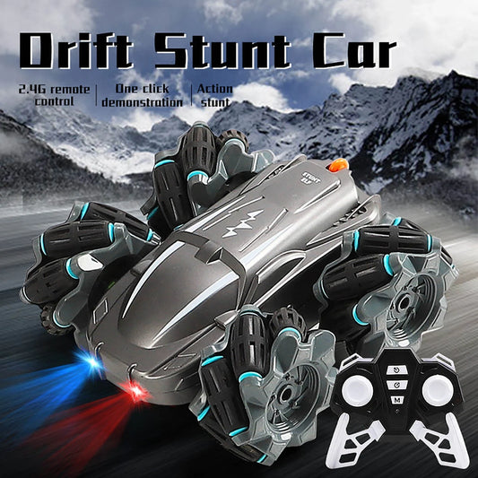 Wireless remote control stunt car performing 360° rotation on a table