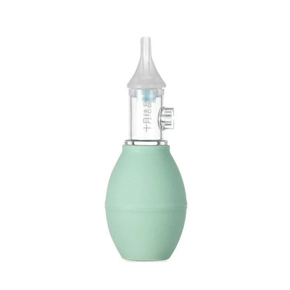 Infant silicone nasal aspirator pump in pink and green, designed for gentle cold relief