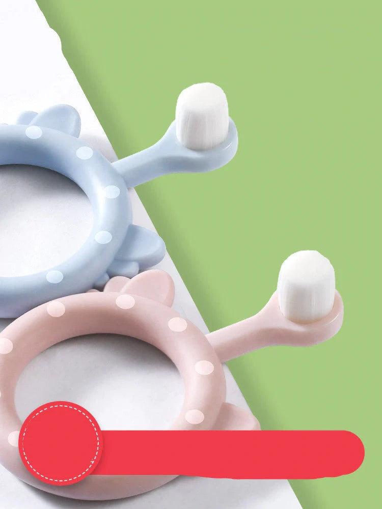 Infant children's soft toothbrush set in blue, pink, and green with silicone bristles