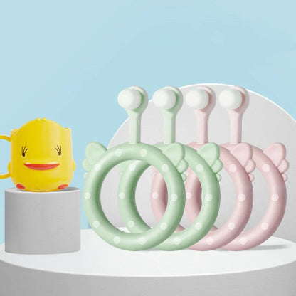 Infant children's soft toothbrush set in blue, pink, and green with silicone bristles