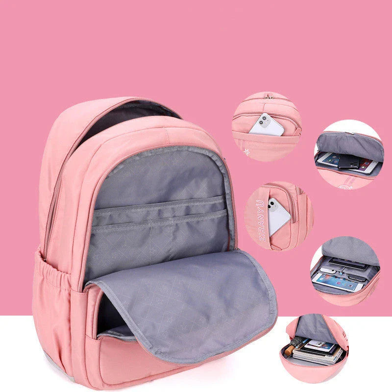 Durable nylon school backpack with retractable trolley handle and smooth-rolling wheels for easy transport
