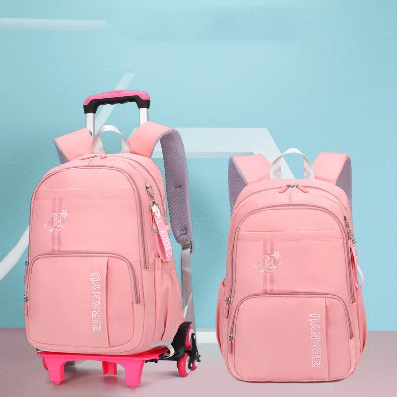 Durable nylon school backpack with retractable trolley handle and smooth-rolling wheels for easy transport